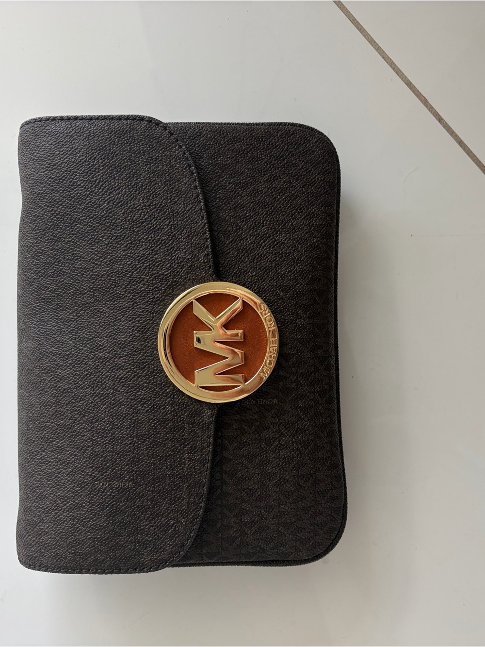 Brand New Michael Kors Dark Brown Logo Wallet with Gold MK Emblem